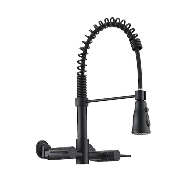 Double Handle Bridge Kitchen Faucet with 3-Function Pull Down Sprayer Head in Matte Black
