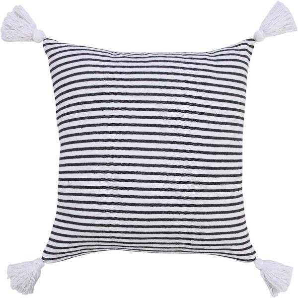 LR Home Basic Black / White 20 in. x 20 in. Balanced Striped Indoor Throw Pillow with Tassels
