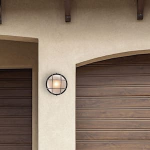 Aria 8 in. 1-Light Black Round Bulkhead Outdoor Wall Light Fixture with Frosted Glass