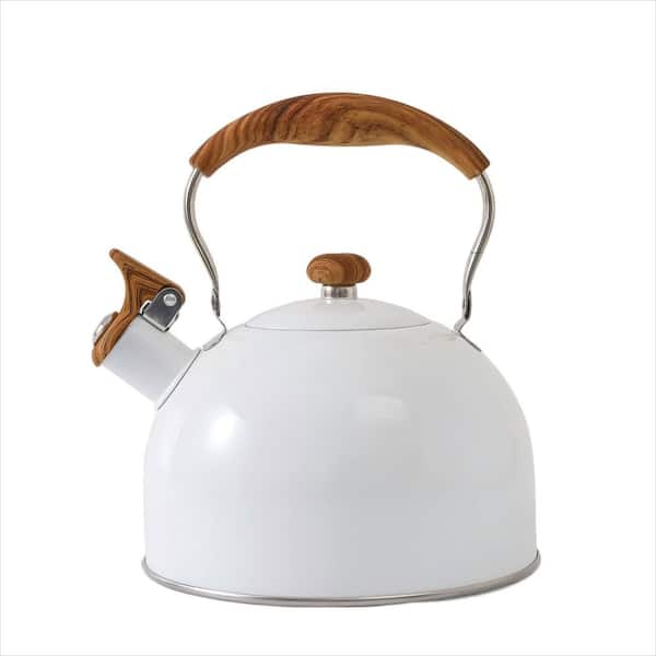 10-Cup Stainless Steel Tea Kettle with Wood Pattern Folding Handle, 2.5 qt. Whistling Tea Kettle for Stove Top, White