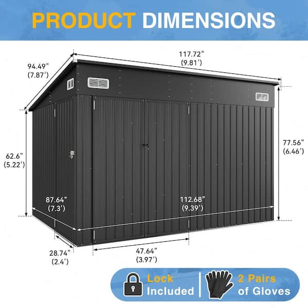 Sizzim Black 10 ft. W x 8 ft. D Outdoor Lean to Storage Metal Shed