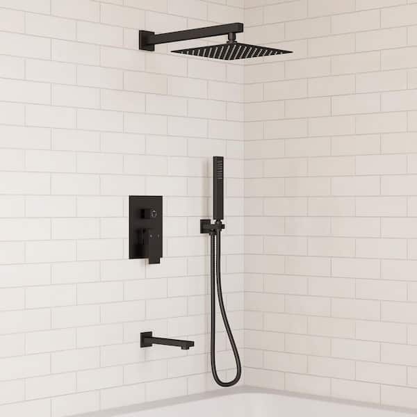 1-Handle 3-Spray Wall Mount Tub and Shower Faucet with 10 in. Rain Shower Head in Matte Black (Valve Included)