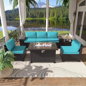 7-Piece Wicker Patio Conversation Set with 55000 BTU Gas Fire Pit Table and Glass Coffee Table and Blue Cushions