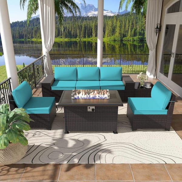 Halmuz 7-Piece Wicker Patio Conversation Set with 55000 BTU Gas Fire Pit Table and Glass Coffee Table and Blue Cushions