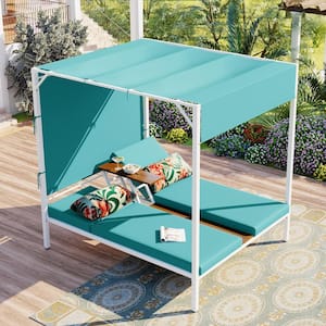 Blue Metal Outdoor Day Bed with Blue Cushions, 3-Position Adjustable Backrest, Adjustable Tabletop and Curtain