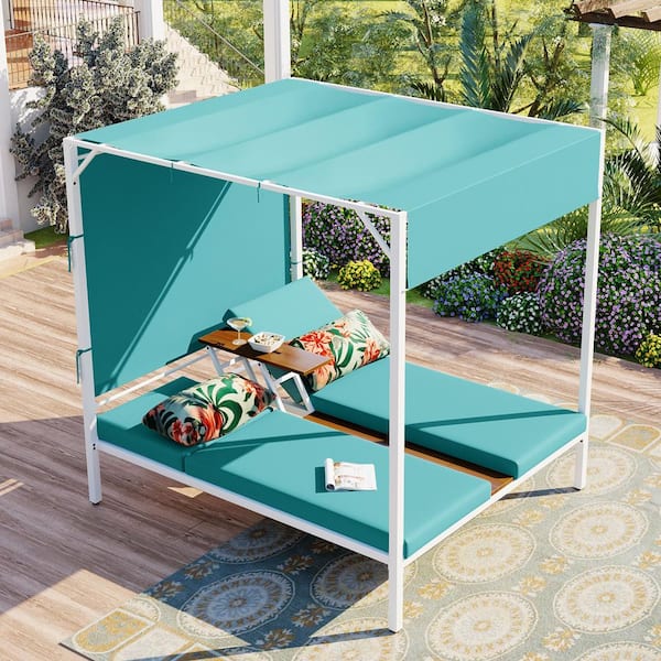 Blue Metal Outdoor Day Bed with Blue Cushions, 3-Position Adjustable Backrest, Adjustable Tabletop and Curtain