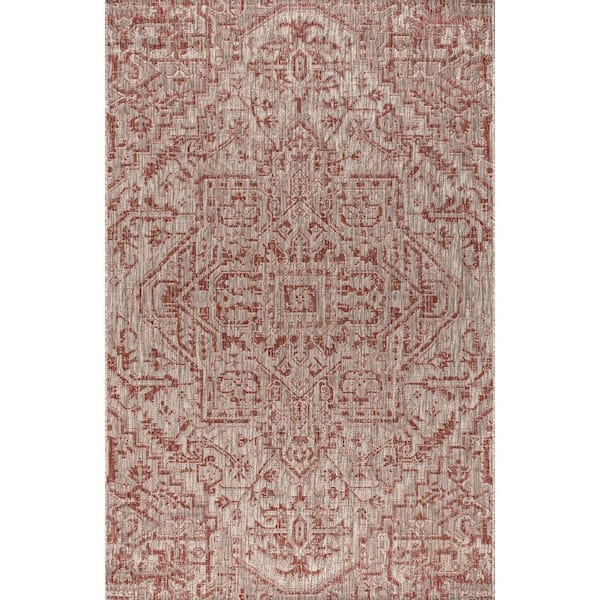 Estrella Bohemian Medallion Red/Taupe 3 ft. 11 in. x 6 ft. Textured Weave Indoor/Outdoor Area Rug