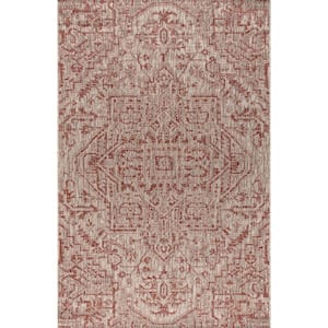 Estrella Red/Taupe 9 ft. x 12 ft. Bohemian Medallion Textured Weave Indoor/Outdoor Area Rug