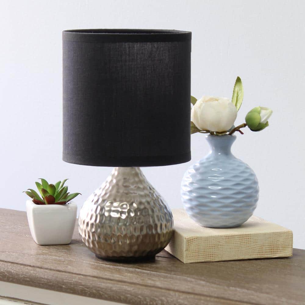 Silver Hammered Metal Table Lamp with Black Fabric Shade
