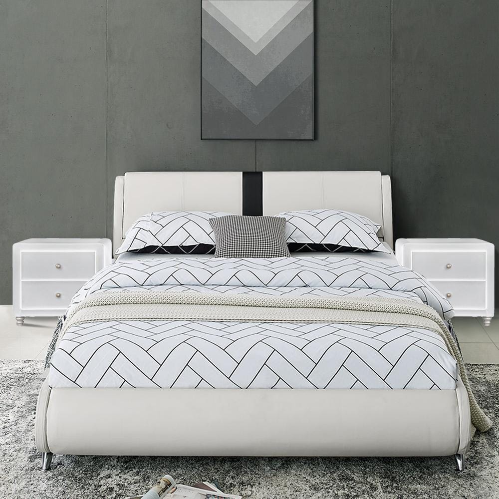 Queen White Pine Upholstered Tufted Headboard Bed Frame