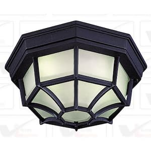 1-Light Black Outdoor Fluorescent Flush Mount Light with Frosted Glass