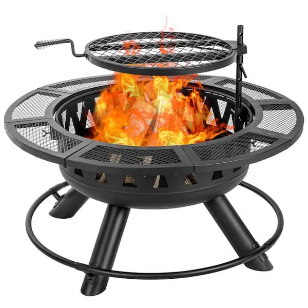myhomore 36 in. Fire Pit for Outside Wood Burning Fire Pit Tables with Metal Lid, BBQ Net Black