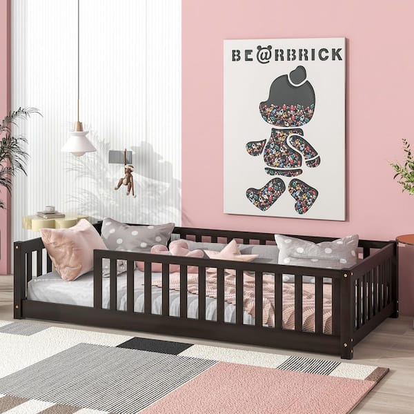 Espresso Wood Twin Size Floor Platform Bed with Safety Guardrails
