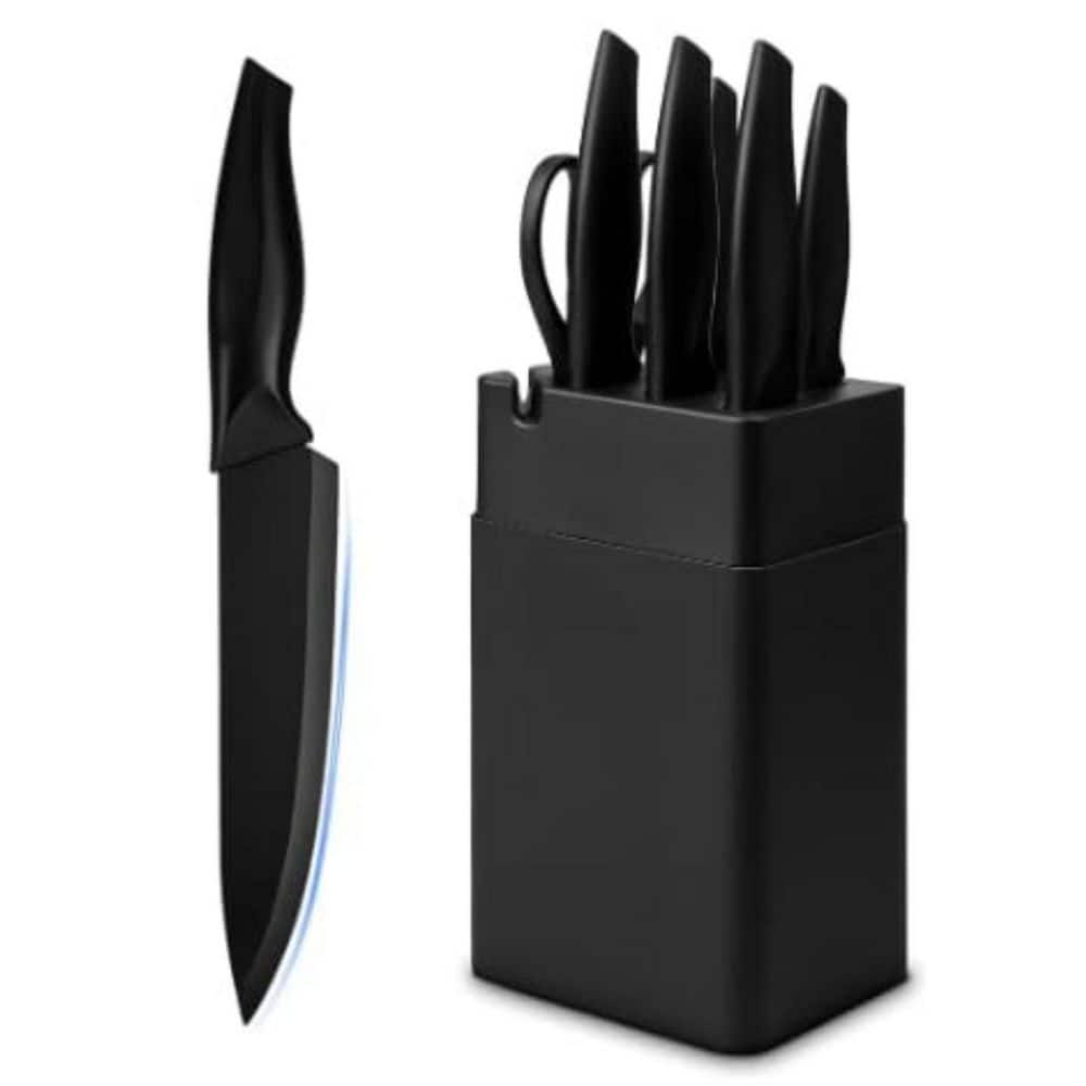 7-Piece Stainless Steel Kitchen Knife Set with Knife Block, Built-In Sharpening Block, Dishwasher Safe