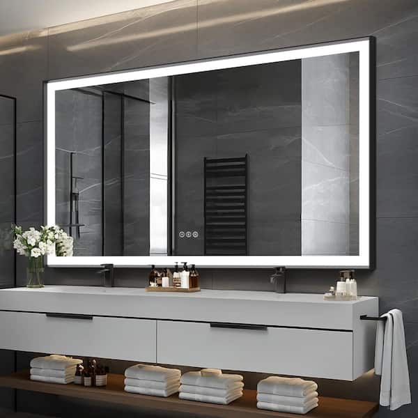Elevatehome 60 in.W x 36 in.H Rectangular Black Aluminum Framed Anti Fog LED Lighted Modern Wall Bathroom Vanity Mirror in Tempered