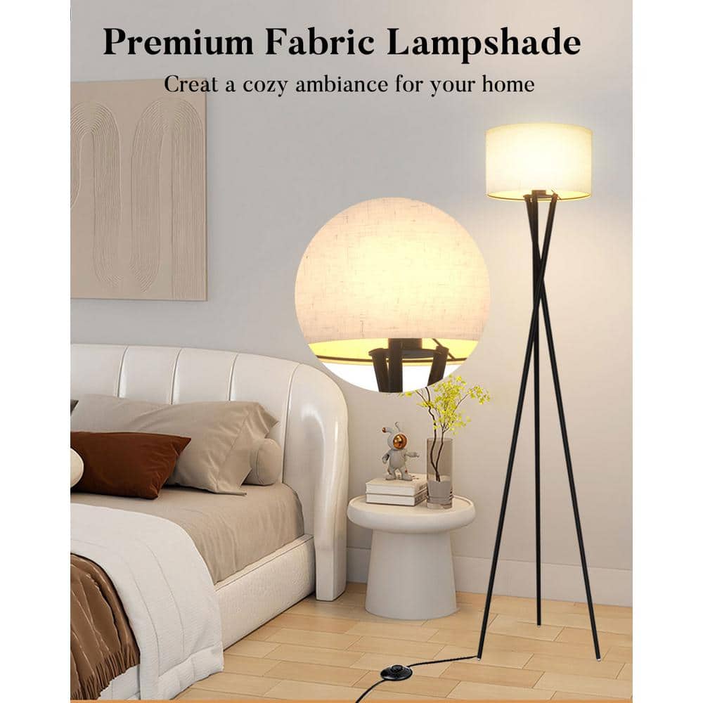 66-Inch Black Metal Tripod Floor Lamp with Burlap Shade