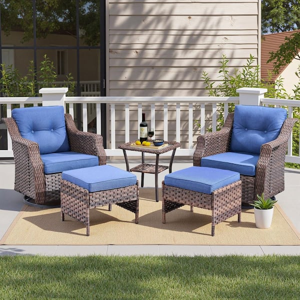 5-Piece Wicker Patio Conversation Set with Swivel Glider Chairs, Outdoor Deep Seating Set with Blue Cushions