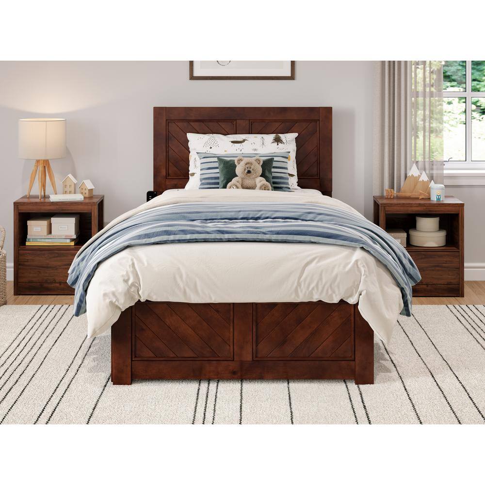 Walnut Twin Wood Platform Bed with Storage Drawers and Headboard