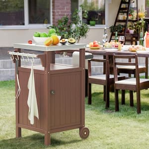 Brown Outdoor Grill Cart with Storage, Stainless Steel Countertop Kitchen Island Cart with Storage Cabinet,