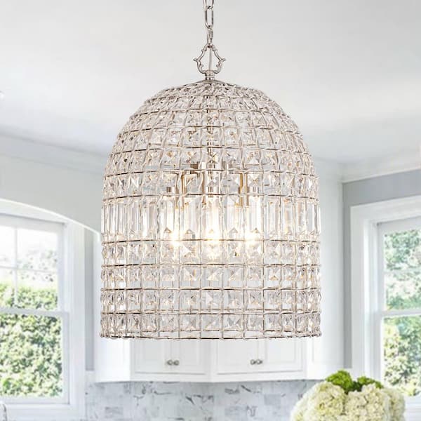 Cristal 3-Light 16 in.W Brushed Nickel Chandelier Unique Cage Dome Crystal Chandelier Retro Vintage Pendant Light