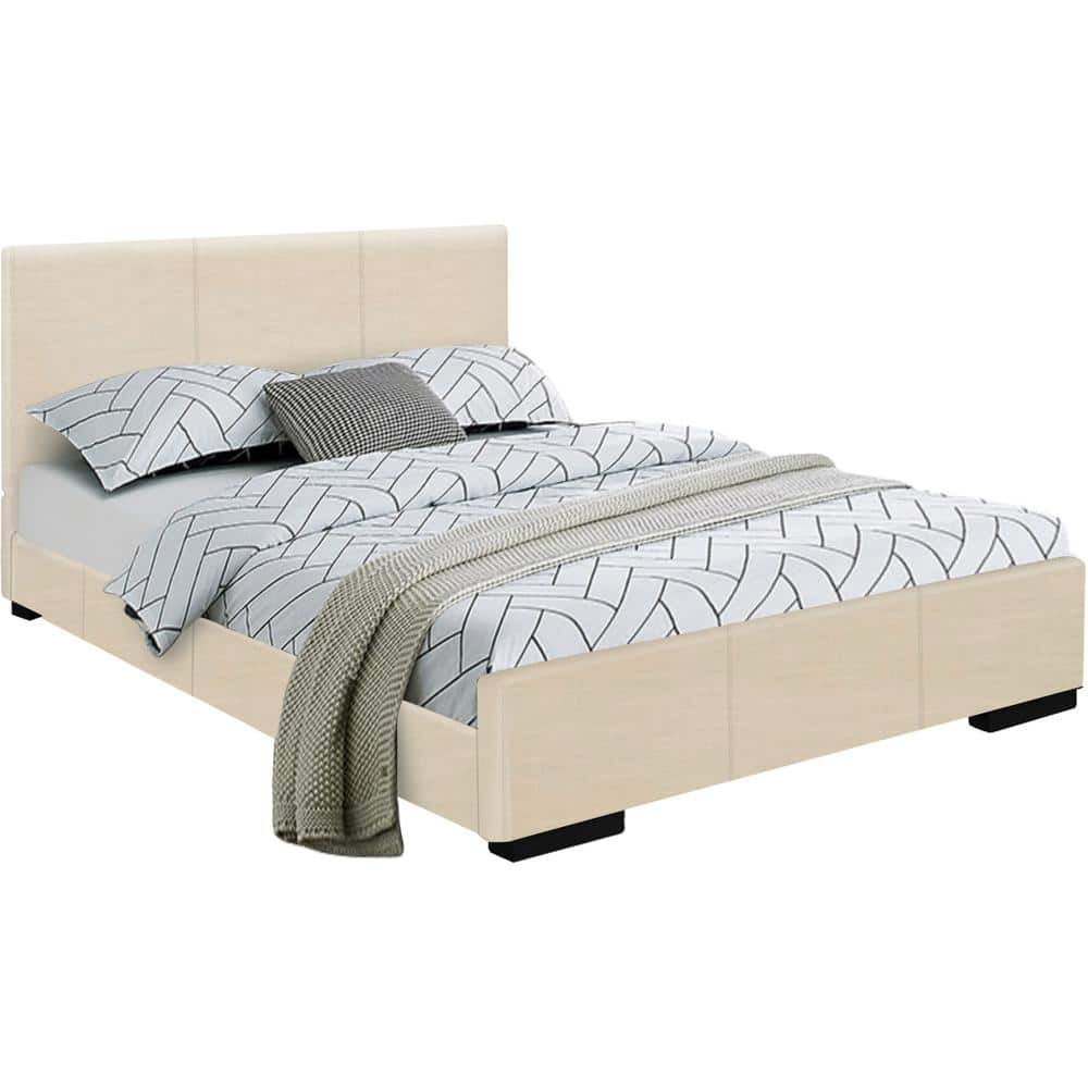 Abbey Beige Full Upholstered Faux Leather Platform Bed with Headboard