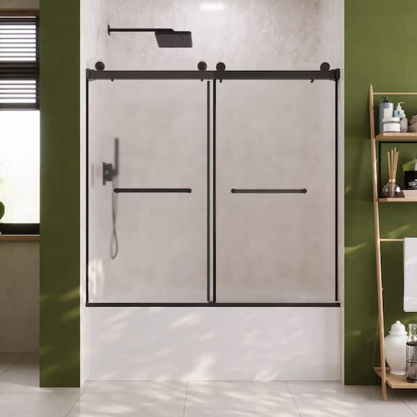DEERVALLEY 58-60 in. W x 62 in. H Double Sliding Frameless Bathtub Door in Matte Black with 3/8 in. (10 mm) Frosted Glass