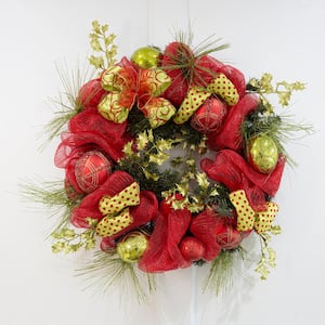 35 in. Christmas Hanging Garland Wreath Ornaments Leaf Bow Ribbon Door Gold/Red