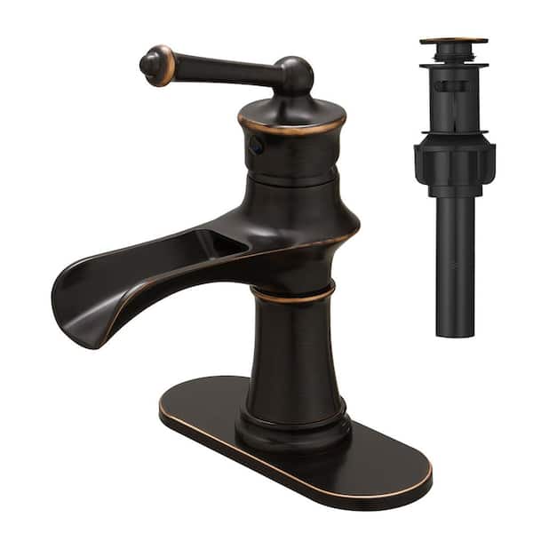 BESy Single-Handle Single Hole Bathroom Faucet with Pop-up Drain Assembly and Deck Plate Included in Oil Rubbed Bronze