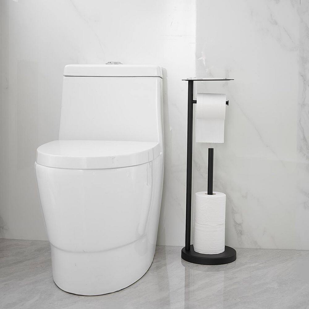 Matte Black Freestanding Stainless Steel Toilet Paper Holder with Storage Shelf