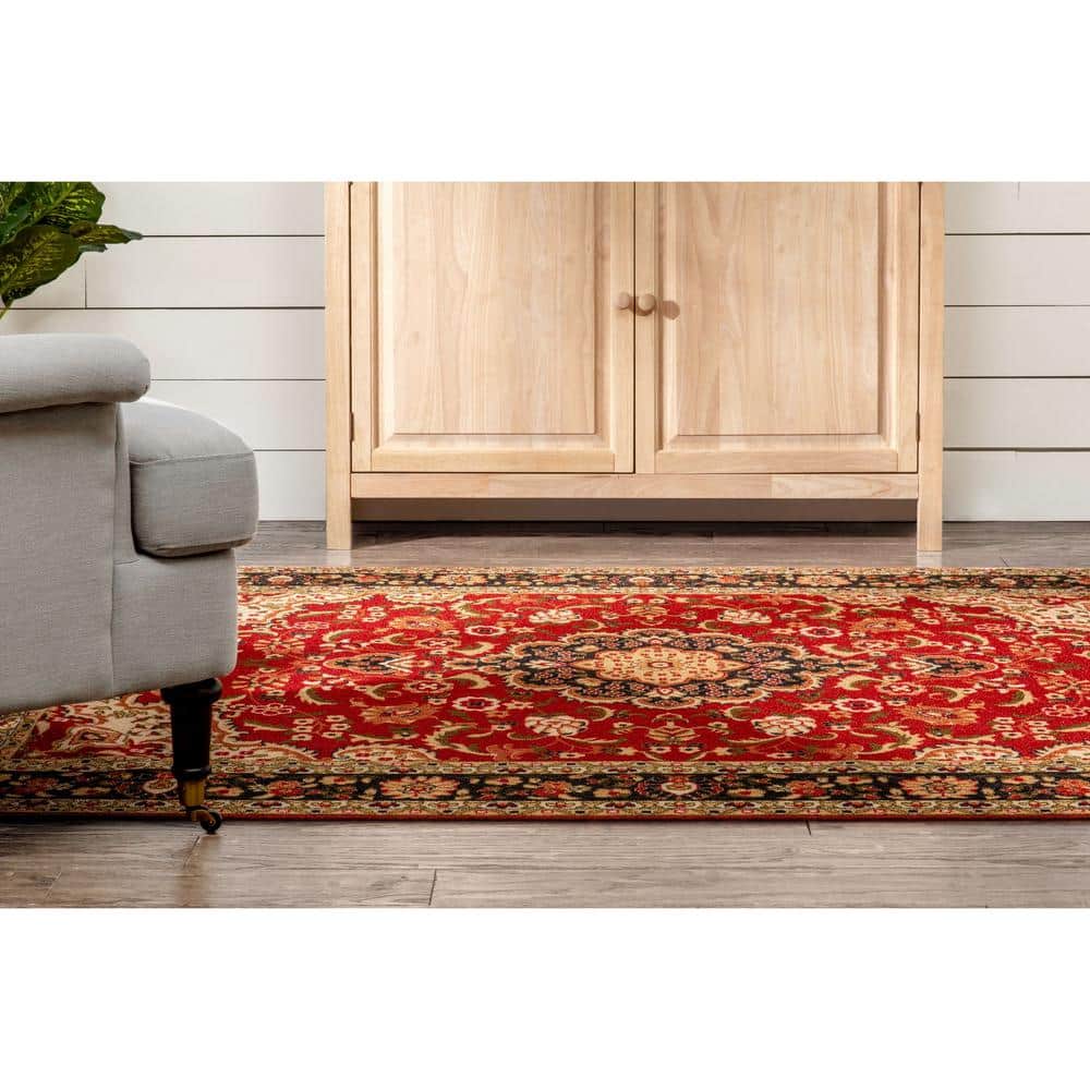 Red and Beige Medallion Synthetic Washable 5' x 7' Area Rug