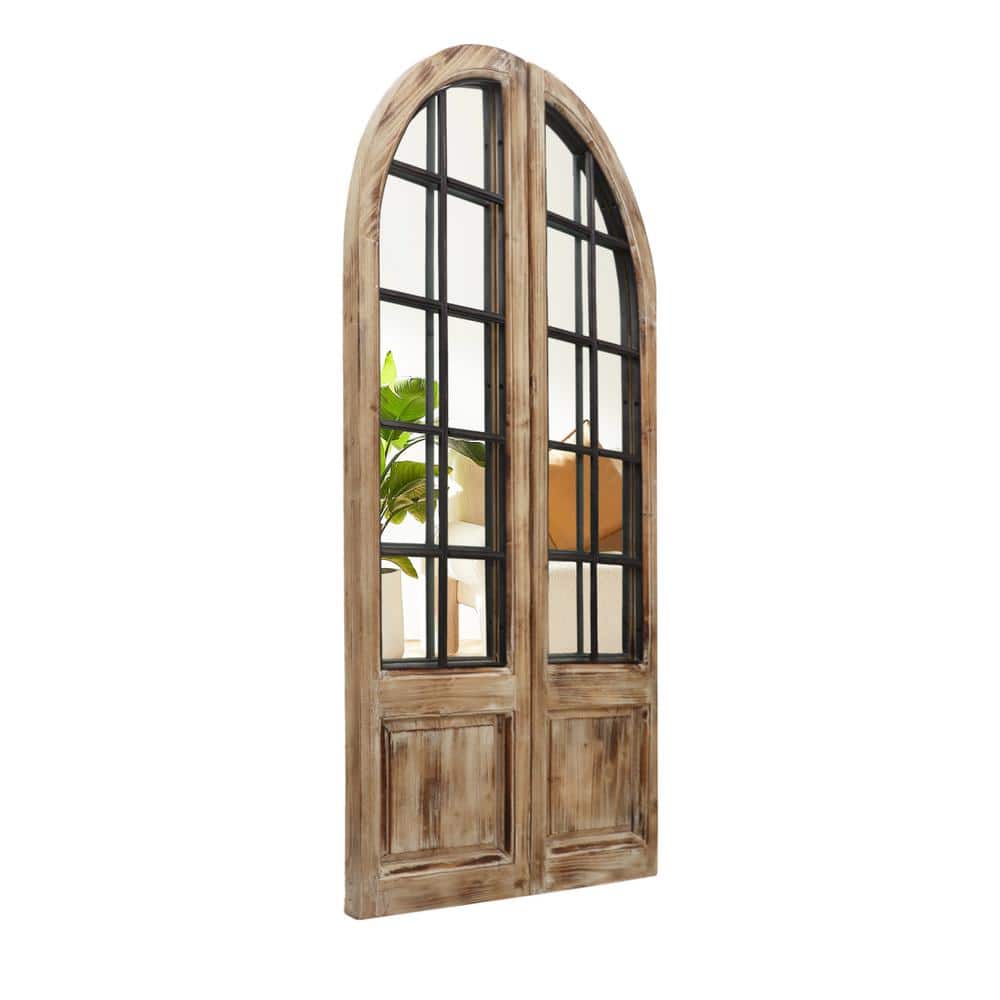 Rustic Arched Windowpane Wood and Metal Wall Mirror, 24 x 47.25 Inch