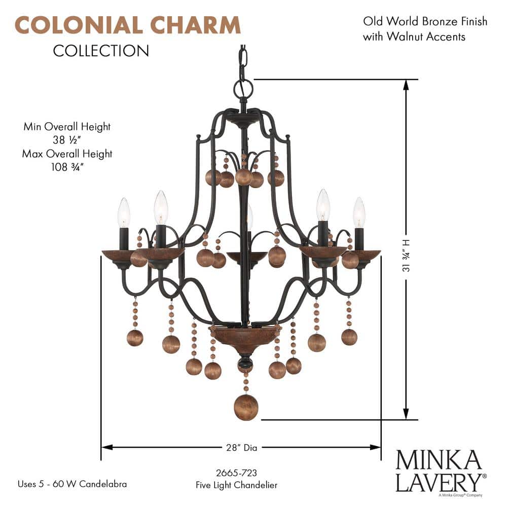 Old World Bronze and Walnut 5-Light Candle Chandelier