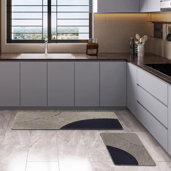Set of 2 Geometric Beige 20 in. W x 32 in. L and 20 in. W x 48 in. L Polyester Low Profile Indoor Kitchen Mat