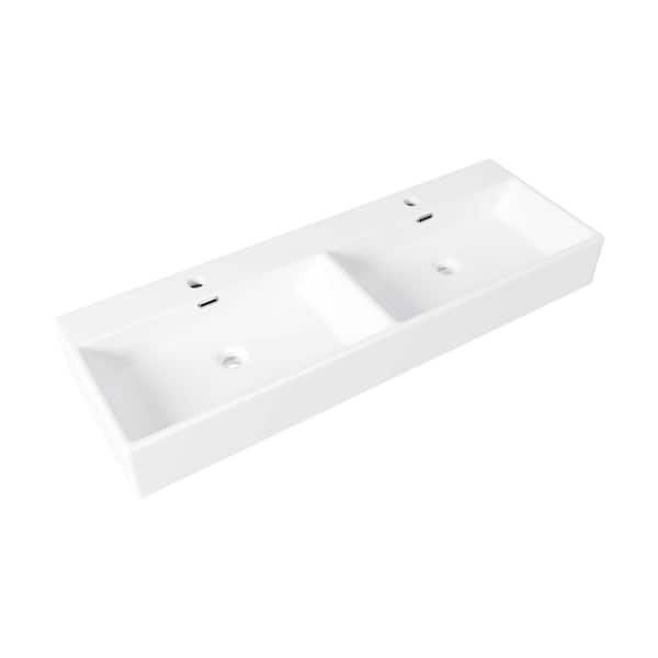 Eridanus 48 in. Turner Crisp White Vitreous China Rectangular Trough Vessel Sink/Wall-Mount Sink with Faucet Hole and Overflow