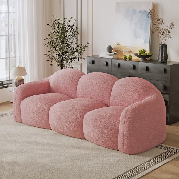 90 in. Straight Arm 3-Seater Curved Comfy Teddy Velvet Bubble Sofa Floor Sofa Cloud Shaped Memory Foam in. Pink