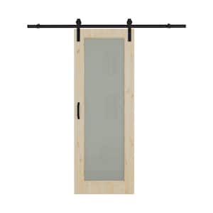 28 in. x 80 in. 1-Lite Tempered Frosted Glass Unfinished Solid Core Pine Wood Sliding Barn Door with Hardware Kit