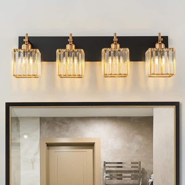 EDISLIVE Orillia 28 in. 4-Light Black and Gold Bathroom Vanity Light with Square Shape Crystal Shade Wall Sconce Over Mirror