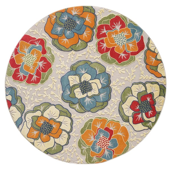 MILLERTON HOME Ava Ivory 8 ft. Round Modern Floral Indoor/Outdoor Area Rug