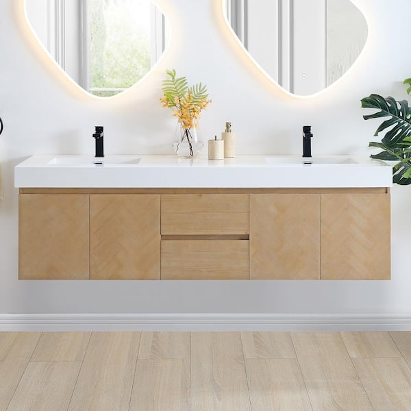 Altair Siena 72 in. W Double Sink Floating Bath Vanity in Light Brown with White Stone Top