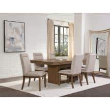 Caramel Wood 7-Piece Trestle Dining Set with Beige Upholstered Chairs