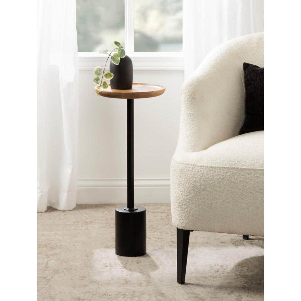 Xyler Round Natural Brown Wood and Black Metal Drink Table