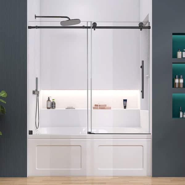 56-60 in. W x 60 in. H Sliding Bath Tub Door in Matte Black Hardware Finish Family with Clear Glass Bathtub Screen