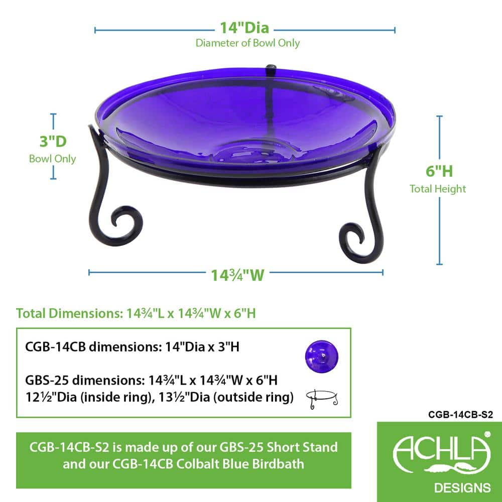 Cobalt Blue Hand Blown Glass Birdbath with Wrought Iron Stand