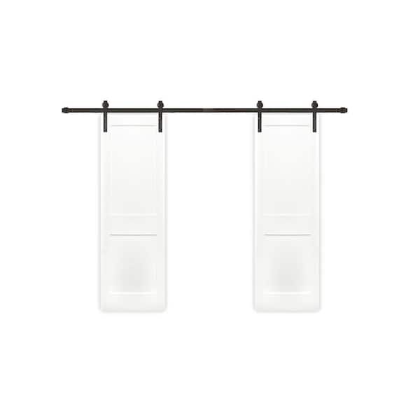 Pacific Entries 48 in. x 80 in. Bi-Part Shaker 2-Panel Solid Core Primed Pine Wood Sliding Barn Door with Bronze Hardware Kit