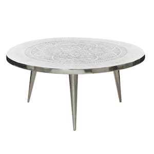 35 in. Silver Medium Round Aluminum Floral Coffee Table with Etched Design