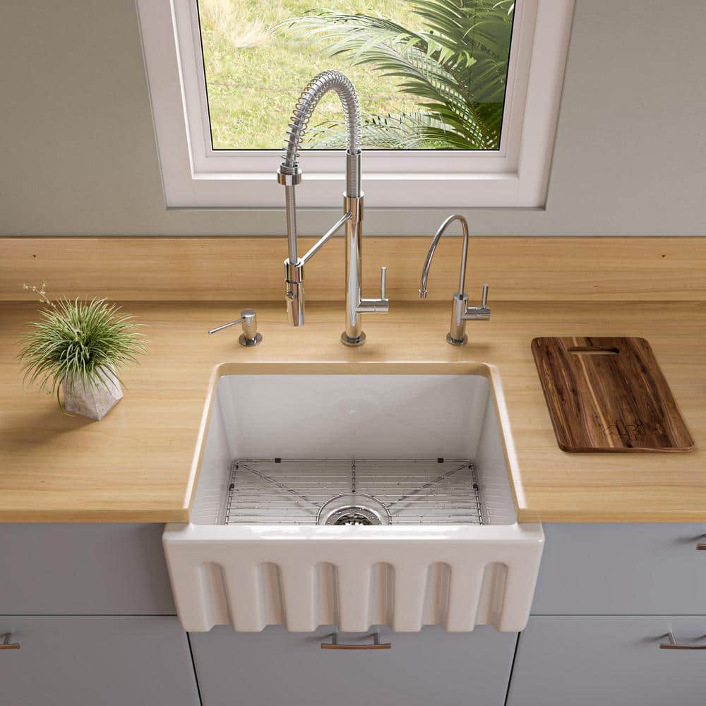 24'' White Fireclay Farmhouse Drop-In Single Bowl Sink
