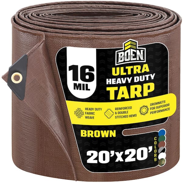 BOEN Ultra Heavy-Duty Brown Tarps 20 ft. x 20 ft. Waterproof and UV Resistant, 16 Mil Thick