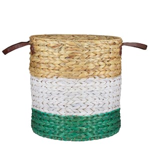 16" Beige, White and Teal Braided Wicker Basket with Handles
