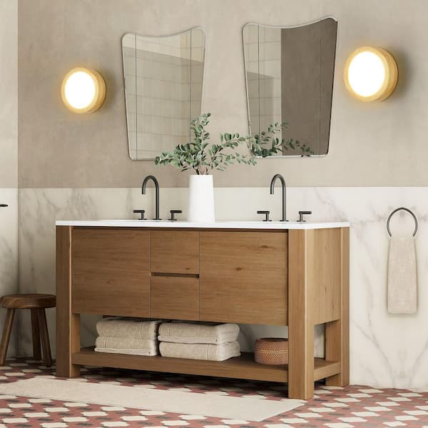 Phoebe 1-Light 7.87 in. Modern Farmhouse Brown Small LED Round Wall Sconce in Rubberwood Finish