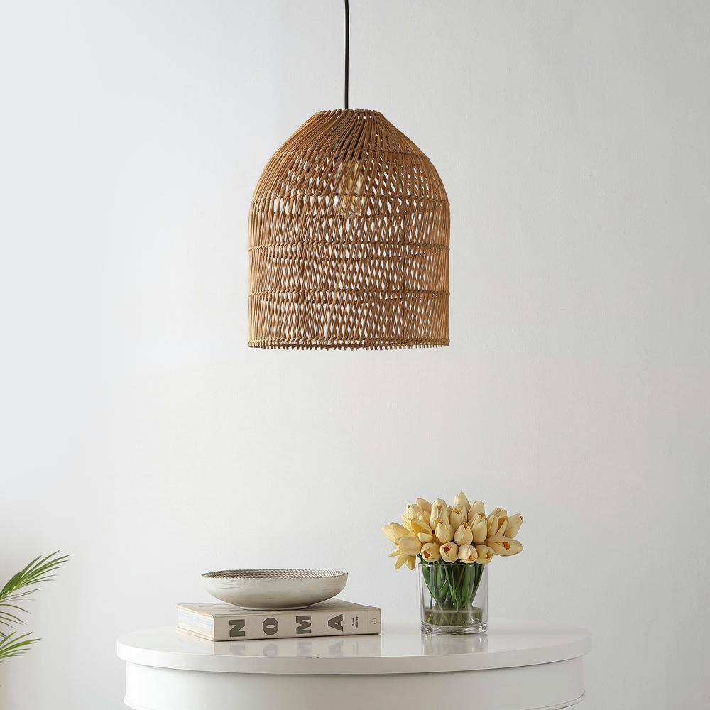 Bohemian Swirl 13" LED Pendant with Adjustable Rattan Shade, Brown
